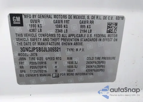 2018 Chevrolet Trax Lt z USA, uszkodzony, nr VIN 3GNCJPSB0JL309321